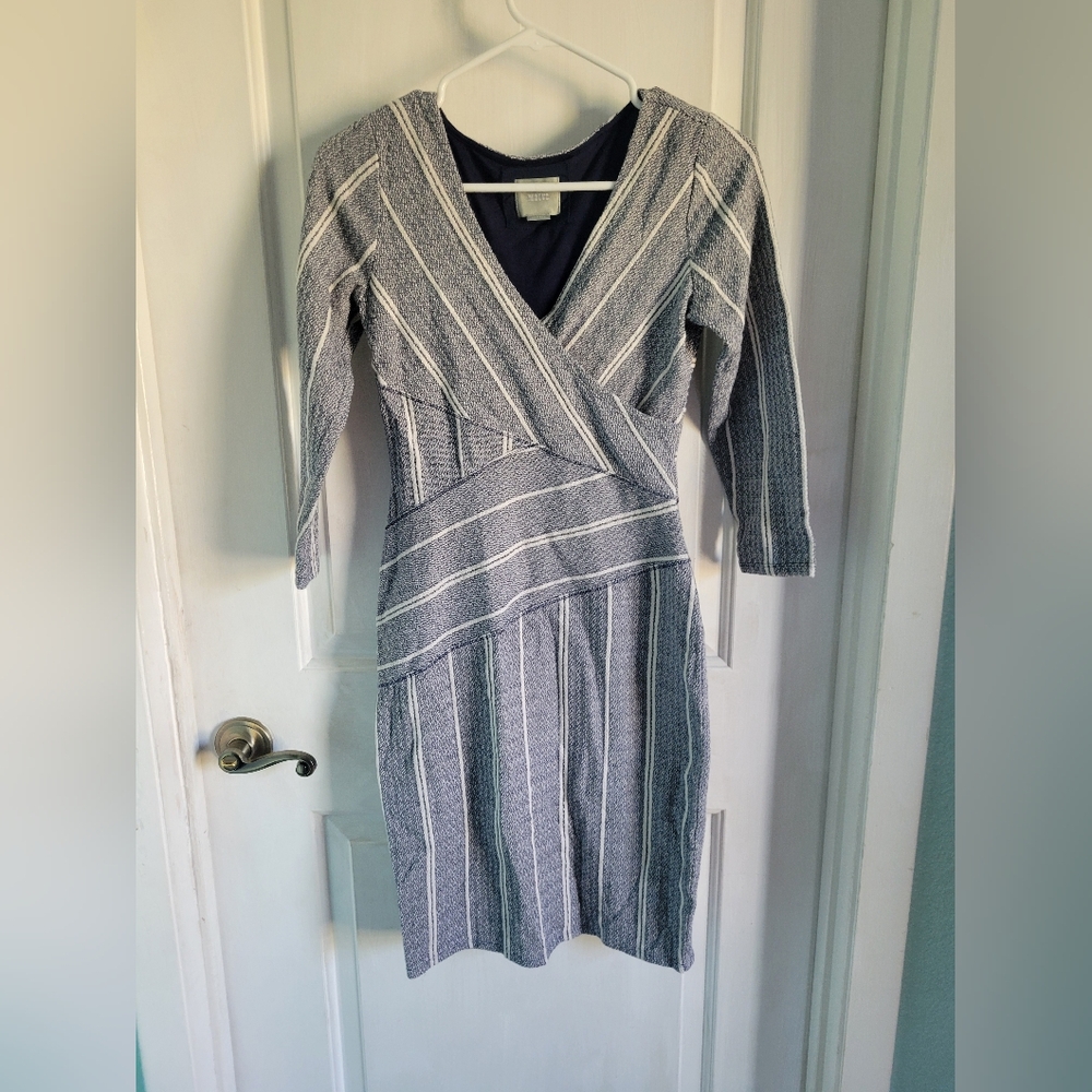 Anthropologie Maeve Striped Amelia Faux Wrap Column Dress, Navy White, X-Small